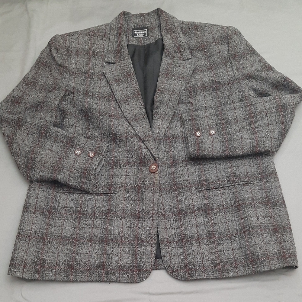 Vintage Jacket Southern Lady Plaid Blazer in Gray and Red - Size 16